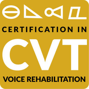 Logo der Zertifizierung in Stimmrehabilitation mit dem CVT-Symbol auf goldenem Hintergrund.